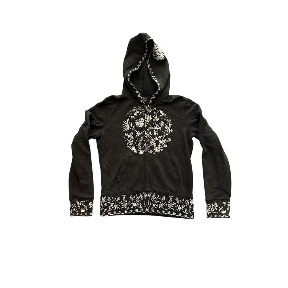 Lucky Brand 90s Hoodie Charcoal Sweatshirt Floral Embroidery Small Y2K